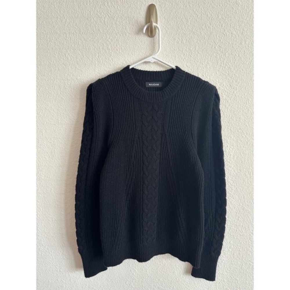 NAADAM Black Wool Cashmere Cable Knit Ribbed Puff Sleeve Sweater Cozy Fall S